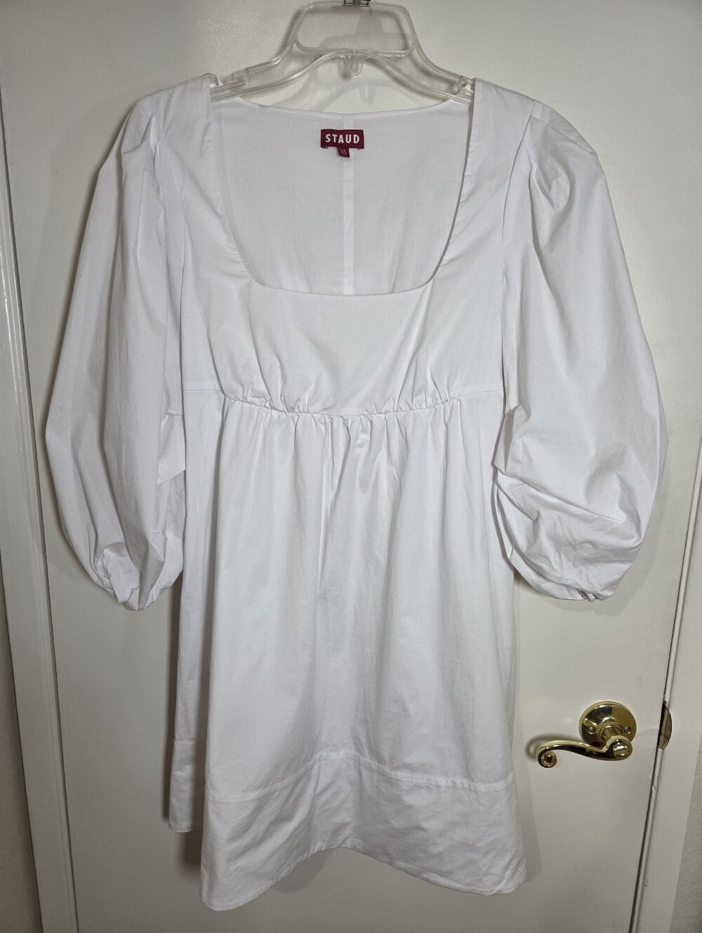 STAUD White Square-Neck Puff Sleeve Mini Dress Babydoll Peasant Coquette